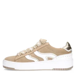 Beige suède sneakers met witte details