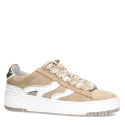 Beige suède sneakers met witte details