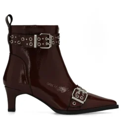 Bordeaux lak leren enkellaarsjes met buckles