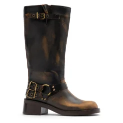 Brownwashed buckle biker boots