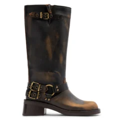 Brownwashed buckle biker boots