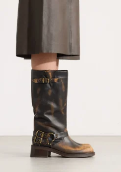 Brownwashed buckle biker boots