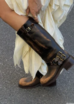 Brownwashed buckle biker boots