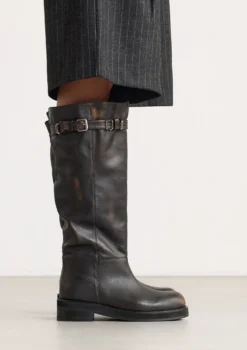 Brownwashed leren buckle biker boots