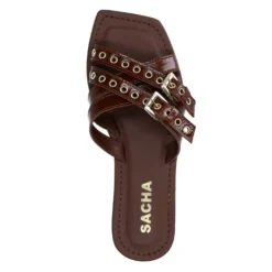 Bruine leren buckle slippers