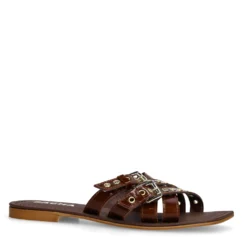 Bruine leren buckle slippers