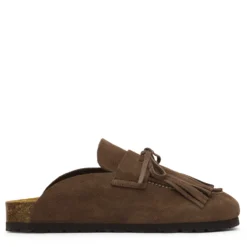 Bruine suède clogs met franjes