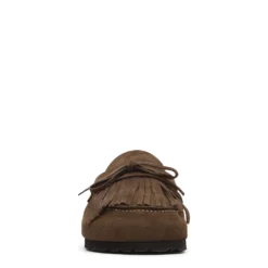 Bruine suède clogs met franjes