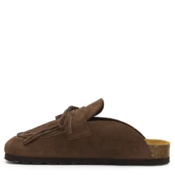 Bruine suède clogs met franjes