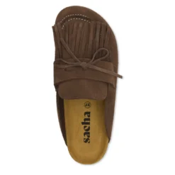 Bruine suède clogs met franjes