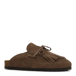 Bruine suède clogs met franjes