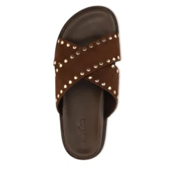 Bruine suède slippers met goudkleurige studs