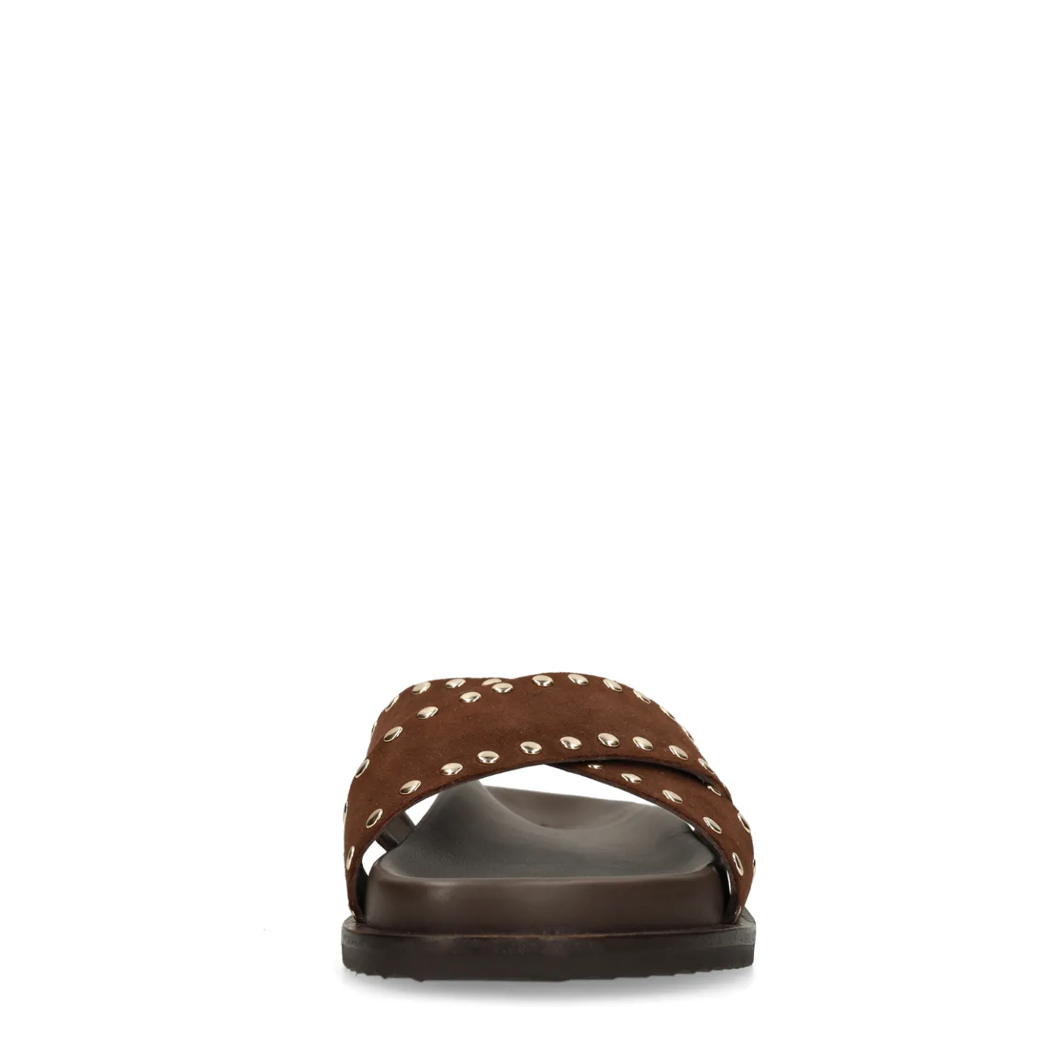 Bruine suède slippers met goudkleurige studs