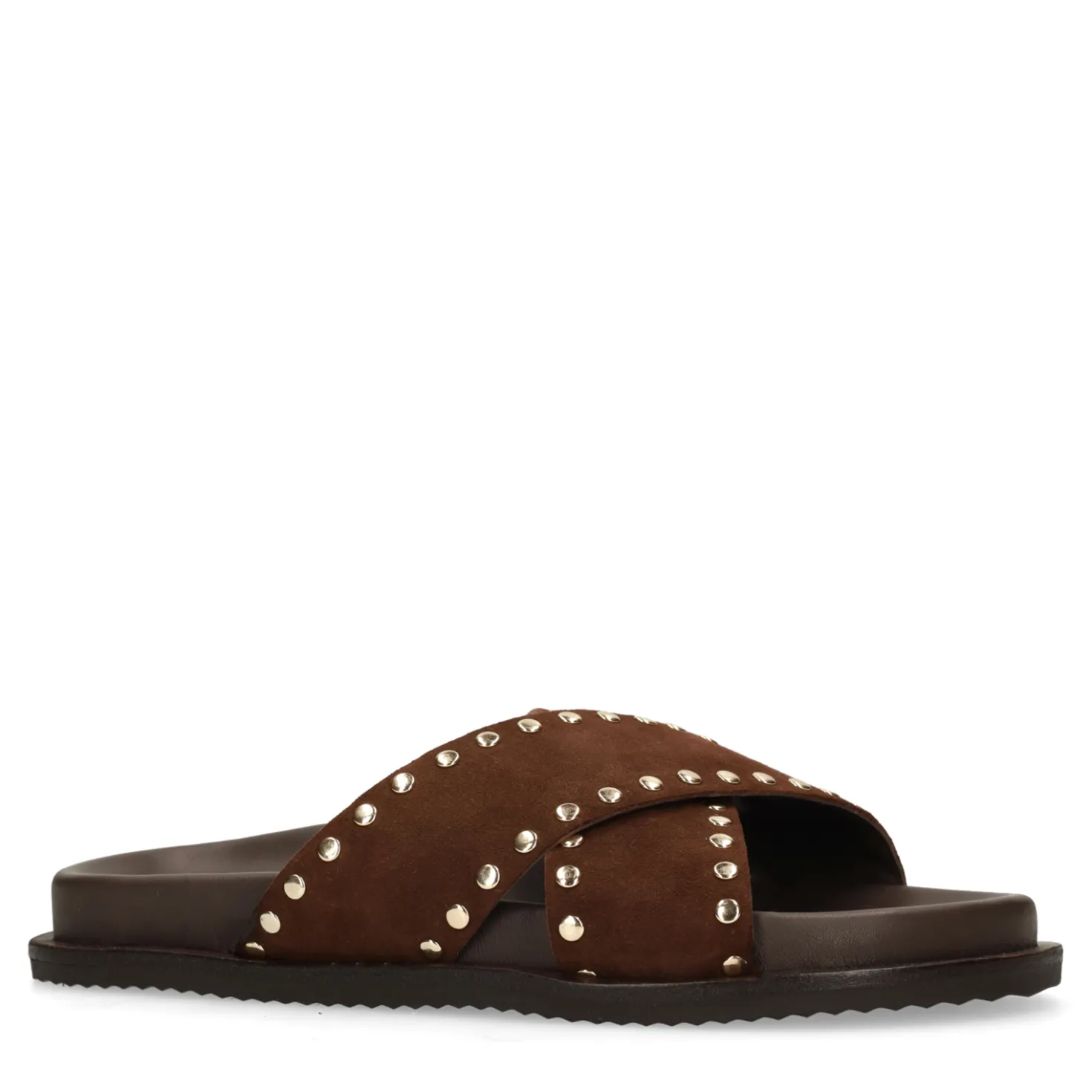 Bruine suède slippers met goudkleurige studs