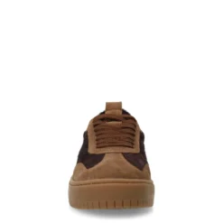 Bruine suède sneakers met burgundy pony hair
