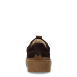 Bruine suède sneakers met burgundy pony hair