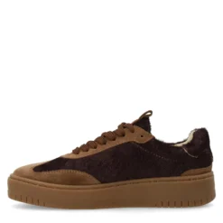 Bruine suède sneakers met burgundy pony hair