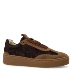 Bruine suède sneakers met burgundy pony hair