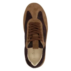 Bruine suède sneakers met burgundy pony hair