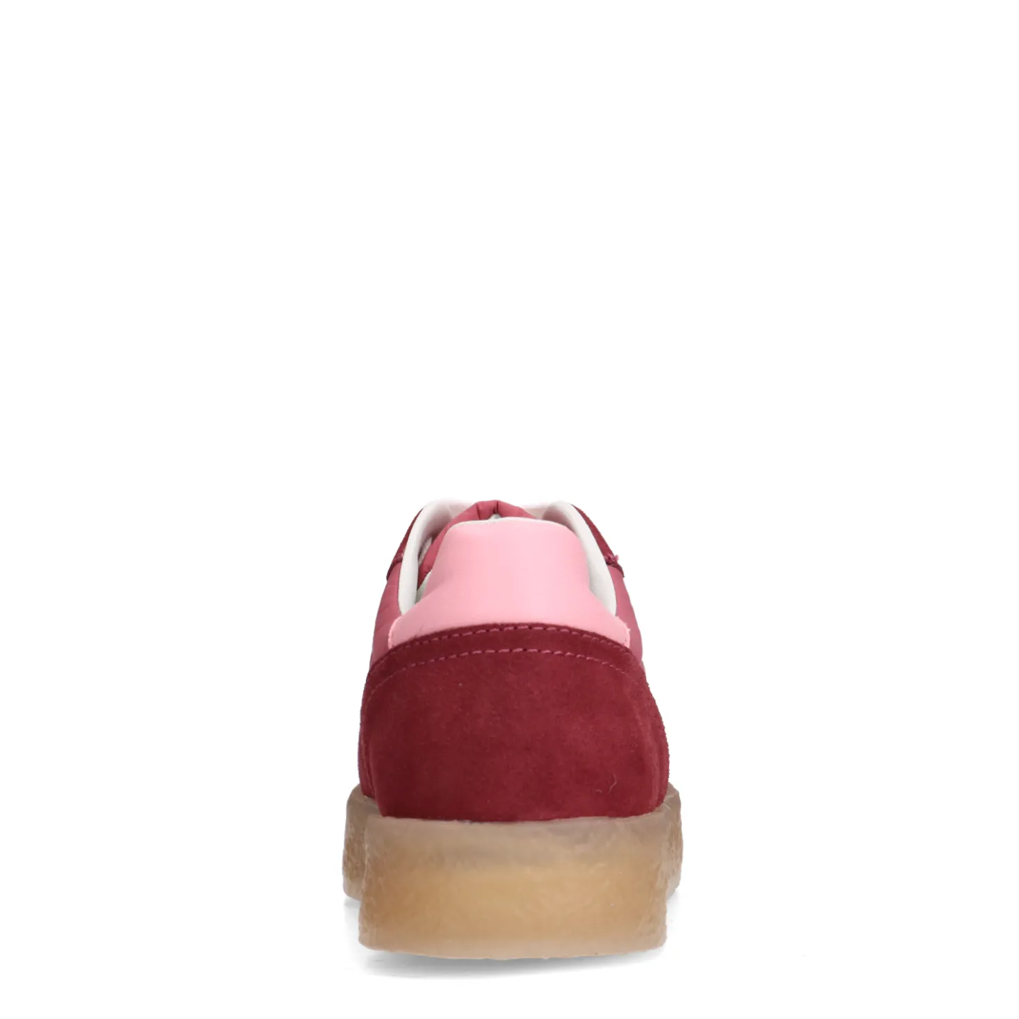 Burgundy suède sneakers met roze details