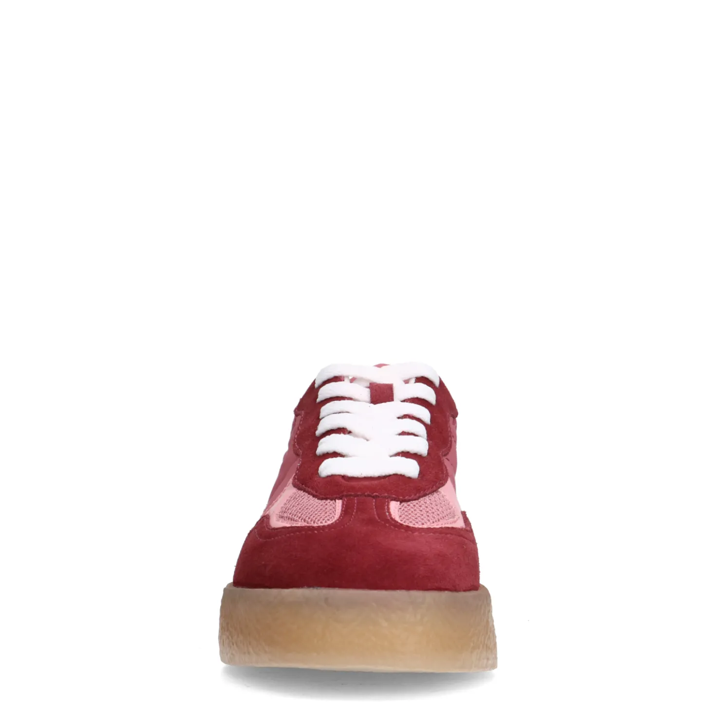 Burgundy suède sneakers met roze details