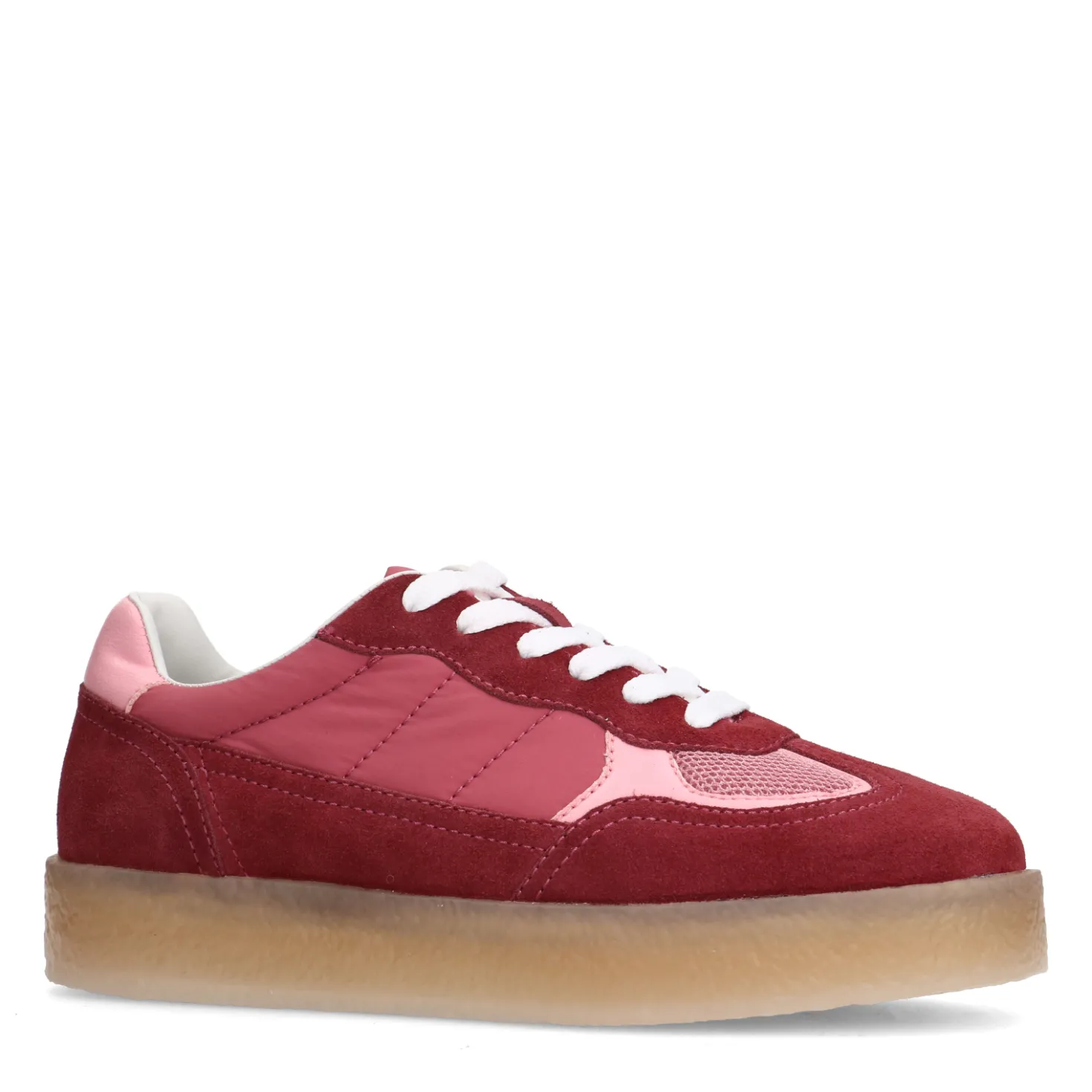 Burgundy suède sneakers met roze details