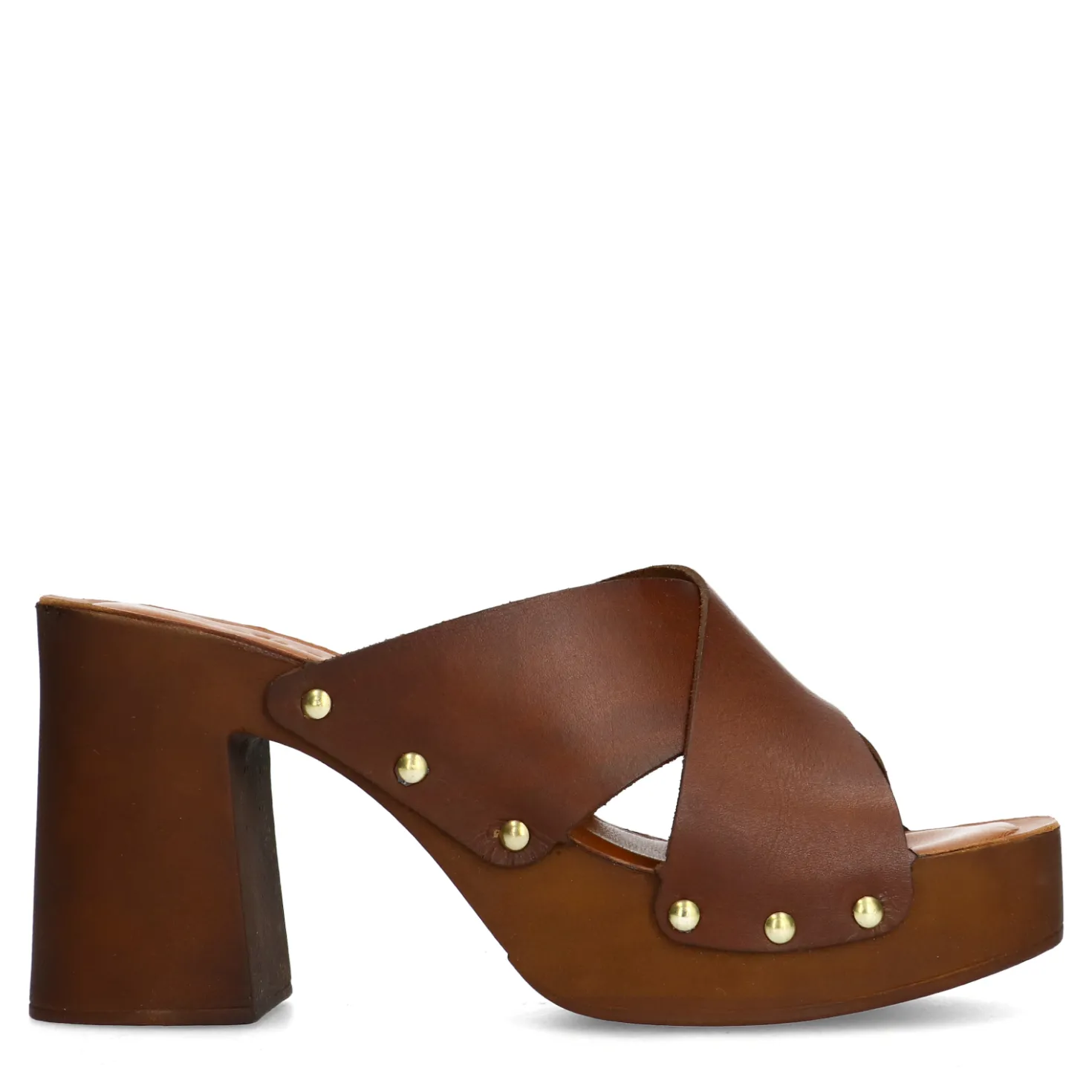 Cognac leren muiltjes met plateau hak