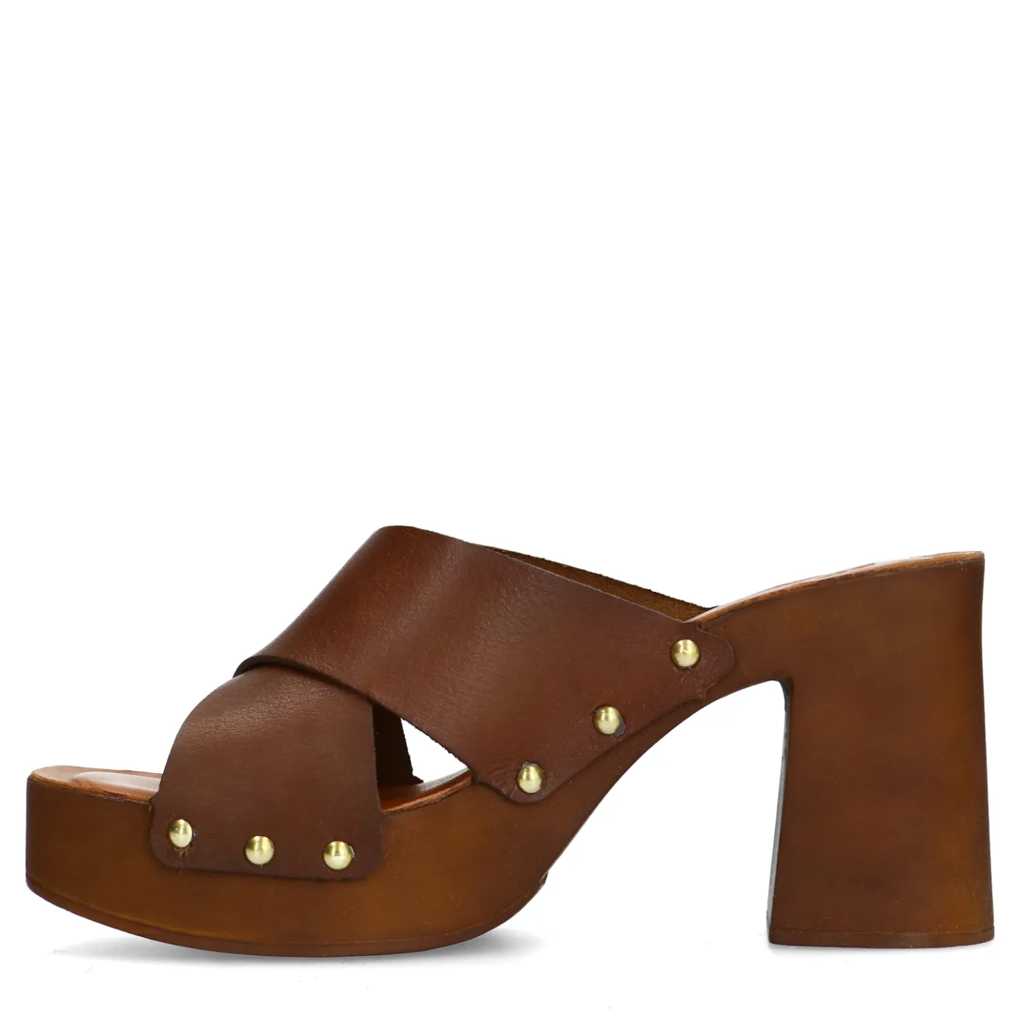 Cognac leren muiltjes met plateau hak