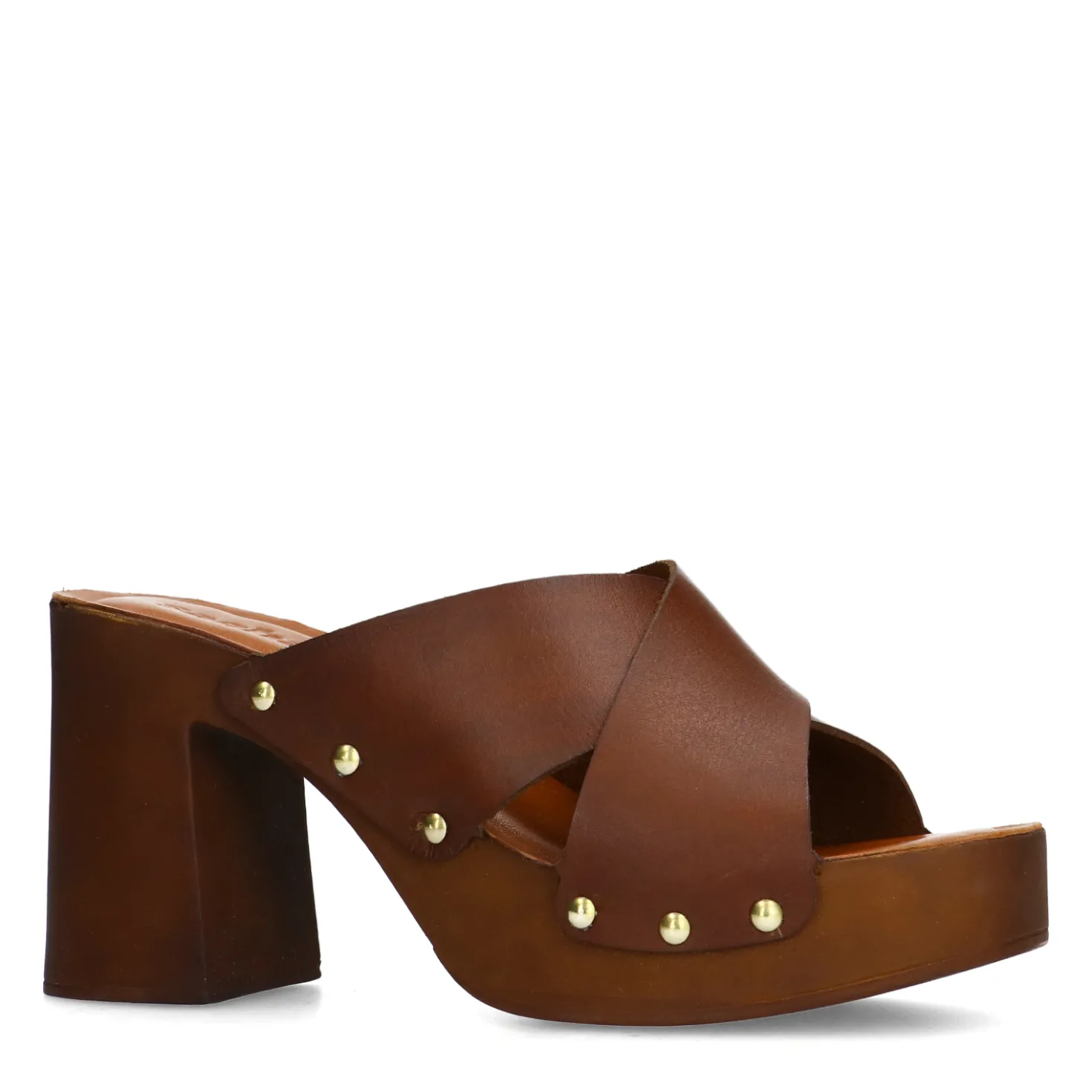 Cognac leren muiltjes met plateau hak