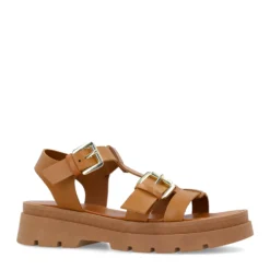 Cognac leren plateau sandalen met goudkleurige buckles