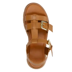 Cognac leren plateau sandalen met goudkleurige buckles