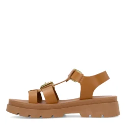 Cognac leren plateau sandalen met goudkleurige buckles