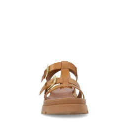 Cognac leren plateau sandalen met goudkleurige buckles