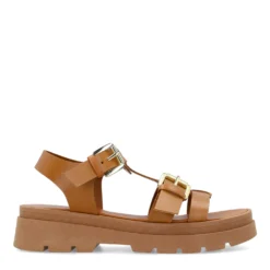 Cognac leren plateau sandalen met goudkleurige buckles