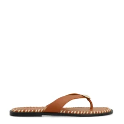 Cognac leren slippers met goudkleurig detail
