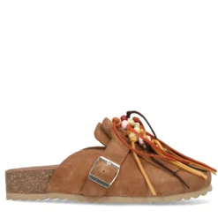 Cognac suède clogs met franjes