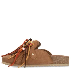 Cognac suède clogs met franjes