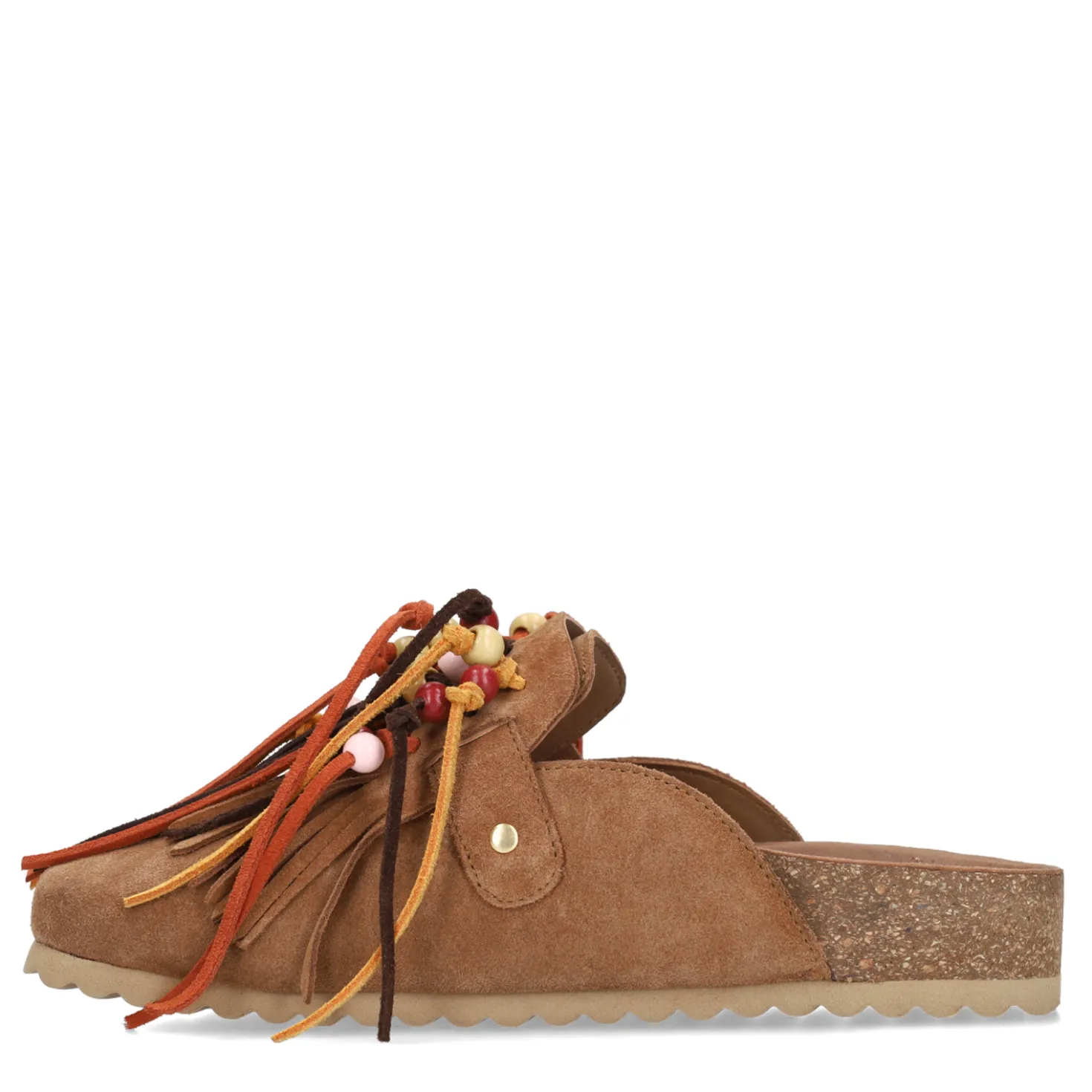 Cognac suède clogs met franjes