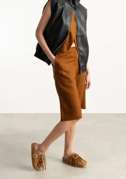 Cognac suède clogs met franjes