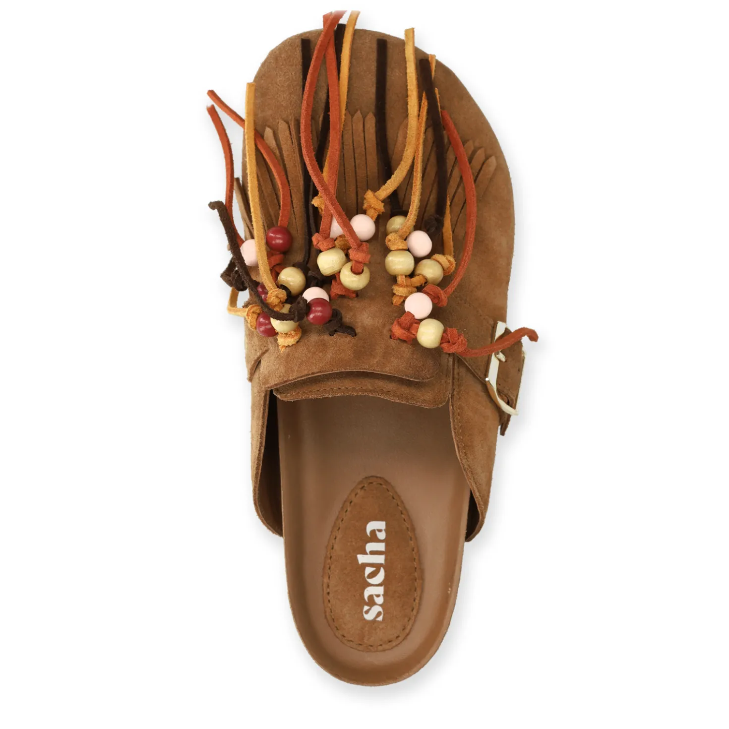 Cognac suède clogs met franjes