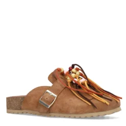 Cognac suède clogs met franjes