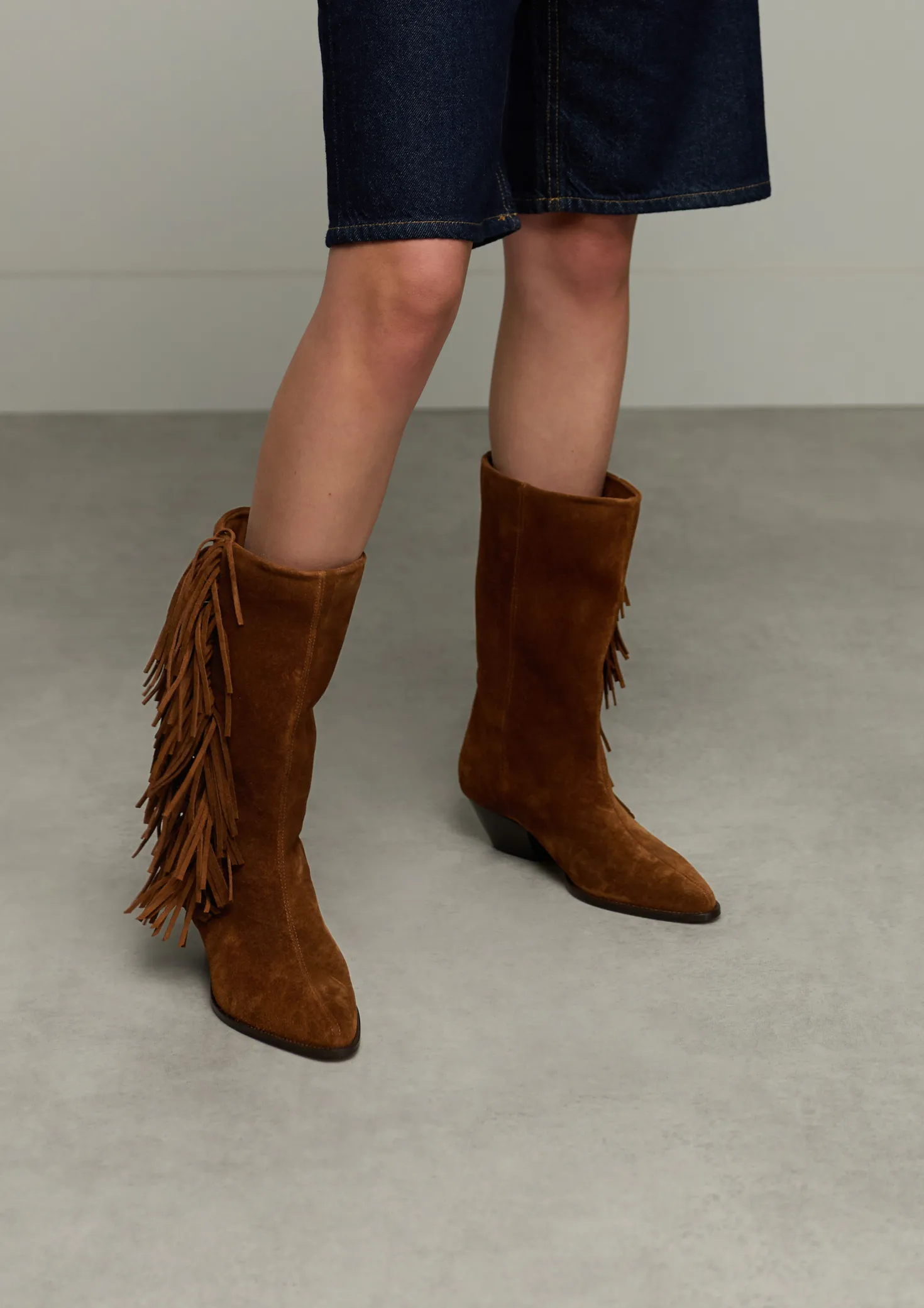 Cognac suède cowboylaarzen met franjes