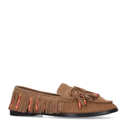 Cognac suède loafers met franjes