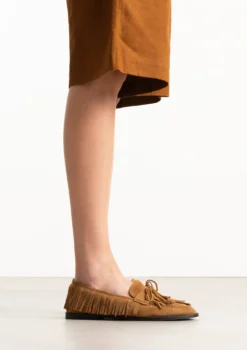 Cognac suède loafers met franjes