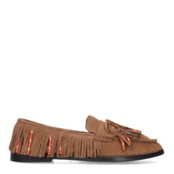 Cognac suède loafers met franjes