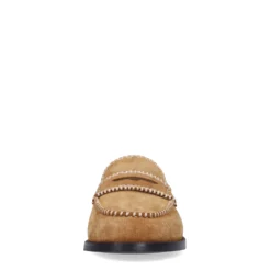 Cognac suède loafers met gestikte details
