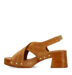 Cognac suède sandalen met houten hak