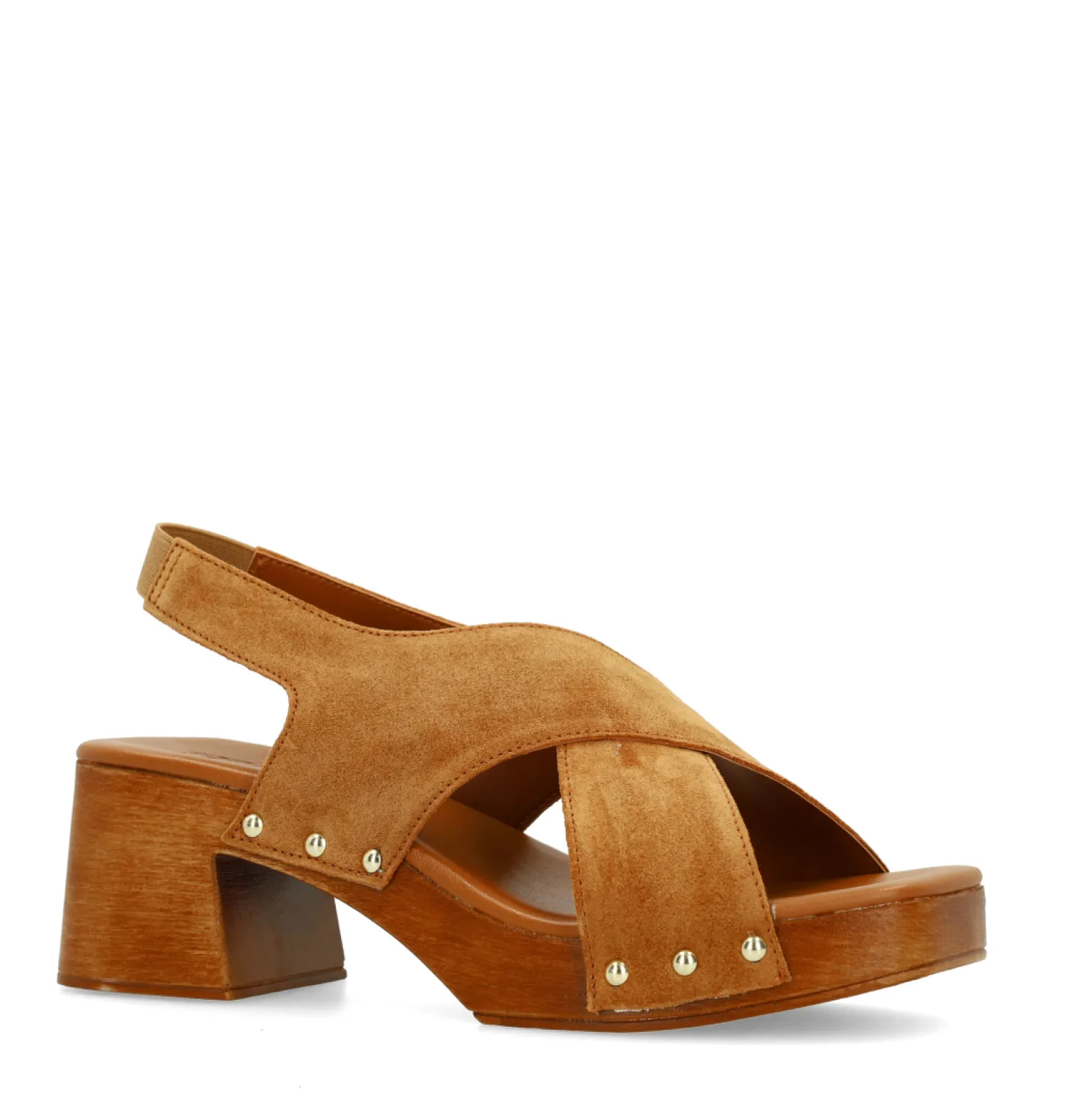 Cognac suède sandalen met houten hak