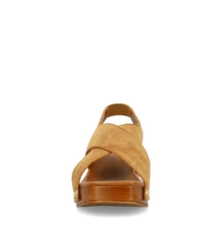 Cognac suède sandalen met houten hak