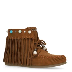 Cognac suède veterschoenen met franjes